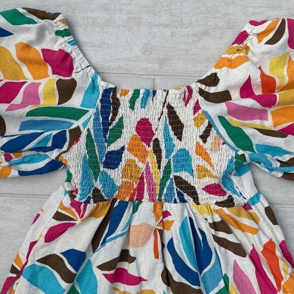 Tabitha Brown Small Multicolor Botanical Print Puff Sleeve Mini Dress Boho Linen - Picture 8 of 8